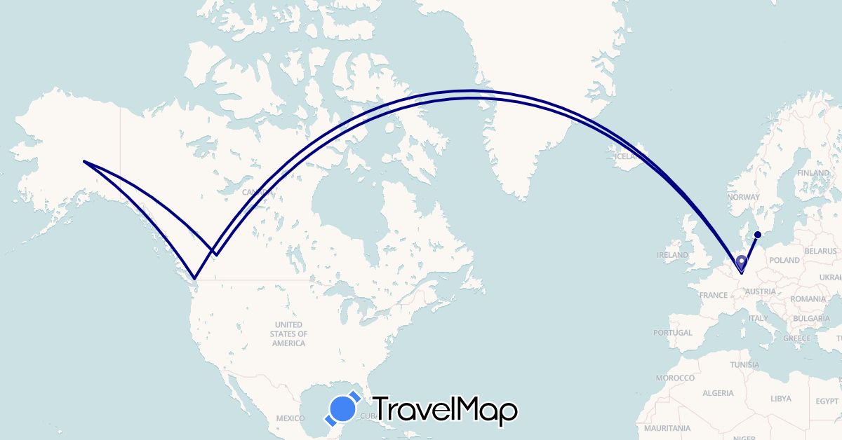 TravelMap itinerary: driving in Canada, Germany, Denmark, United States (Europe, North America)